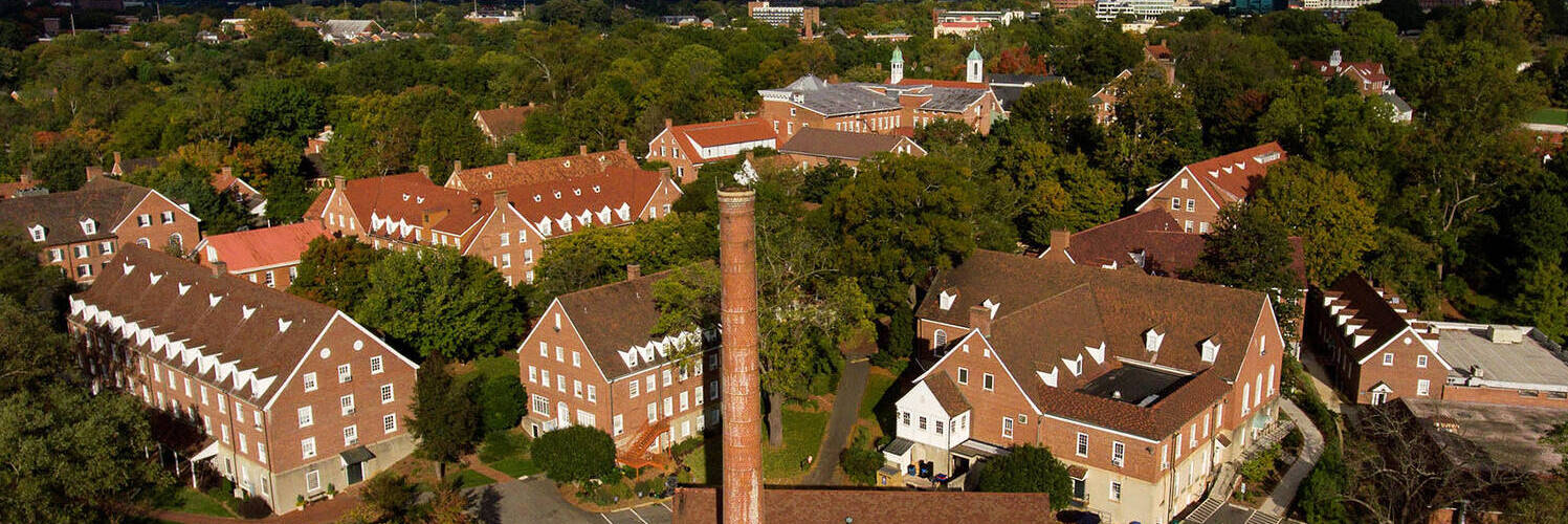 Aerial view of Salem College campus with Winston Salem in the background