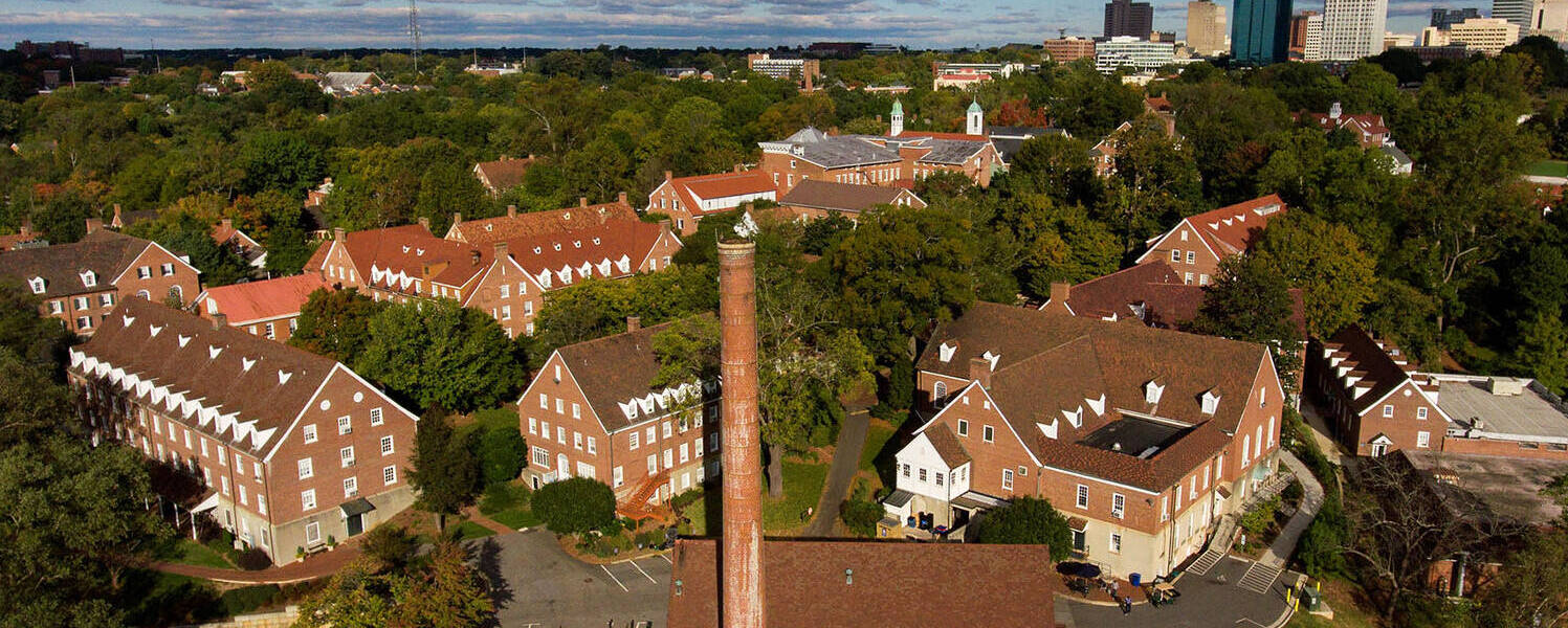 Aerial view of Salem College campus with Winston Salem in the background