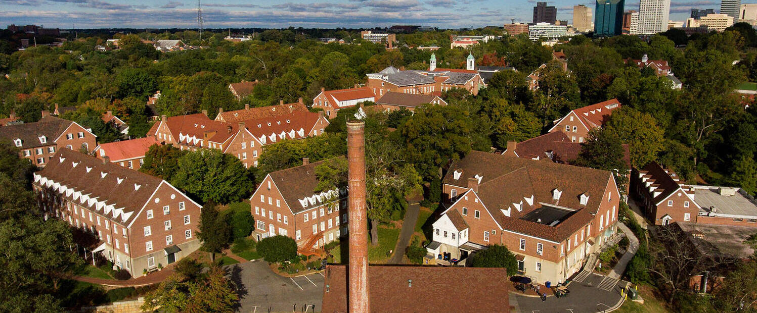 Aerial view of Salem College campus with Winston Salem in the background