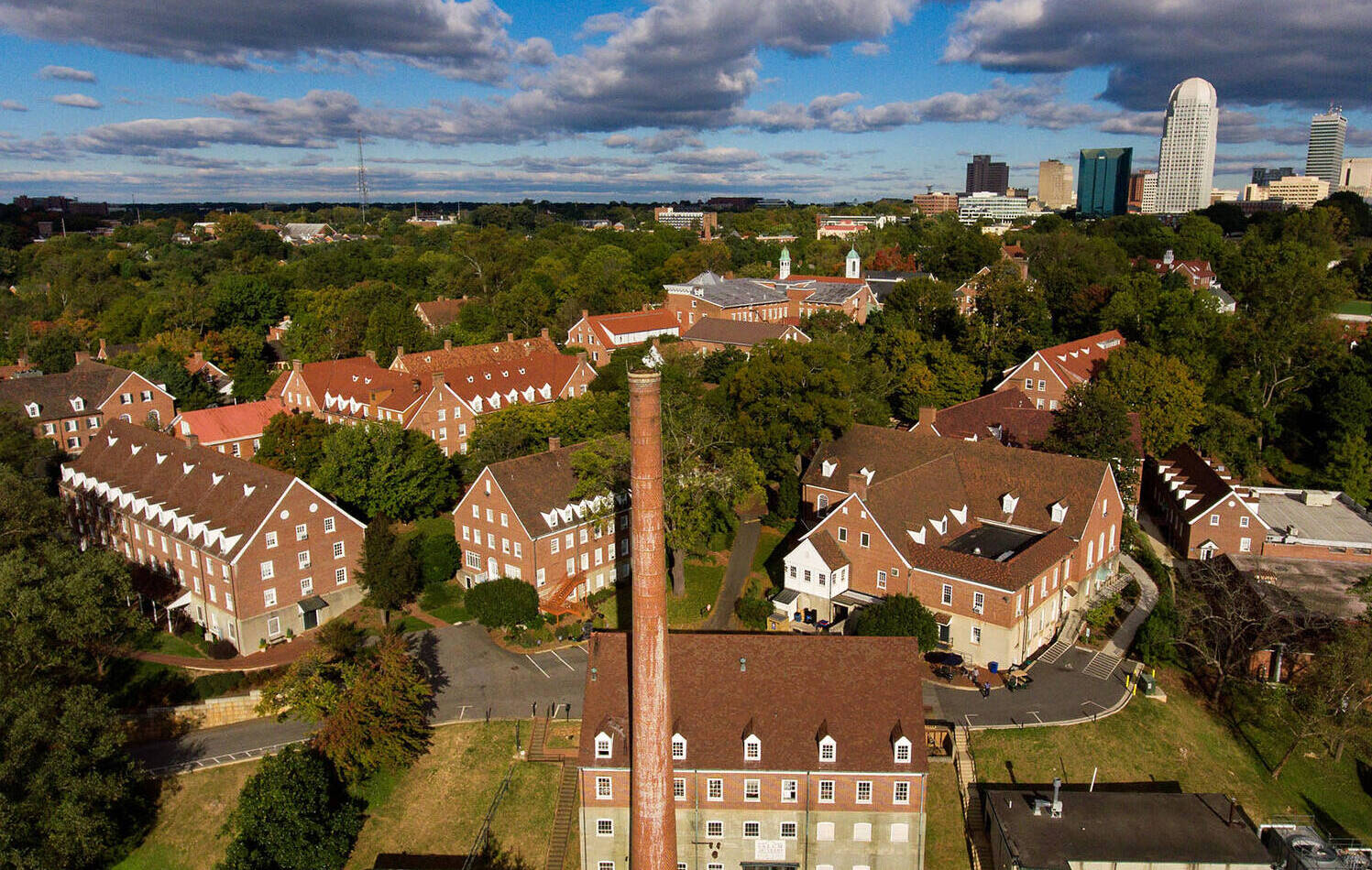 Aerial view of Salem College campus with Winston Salem in the background