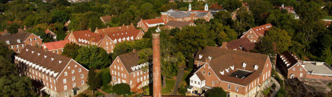 Aerial view of Salem College campus with Winston Salem in the background