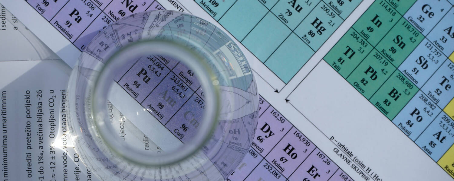 Periodic table with a beaker sitting on top