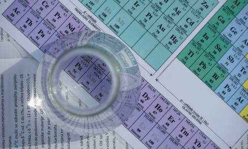 Periodic table with a beaker sitting on top