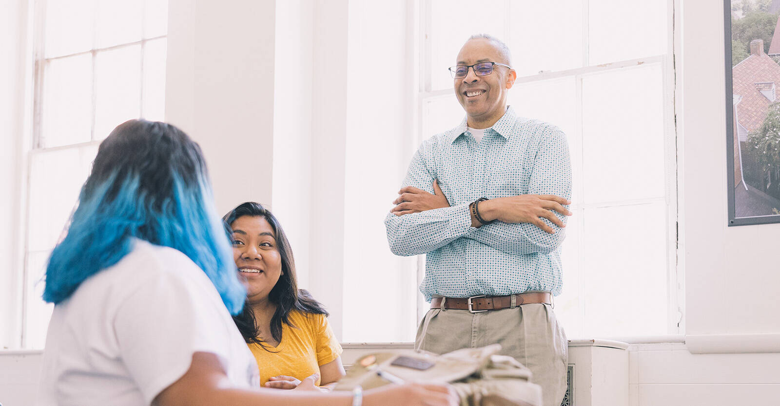 Students with a professor in class at Salem College