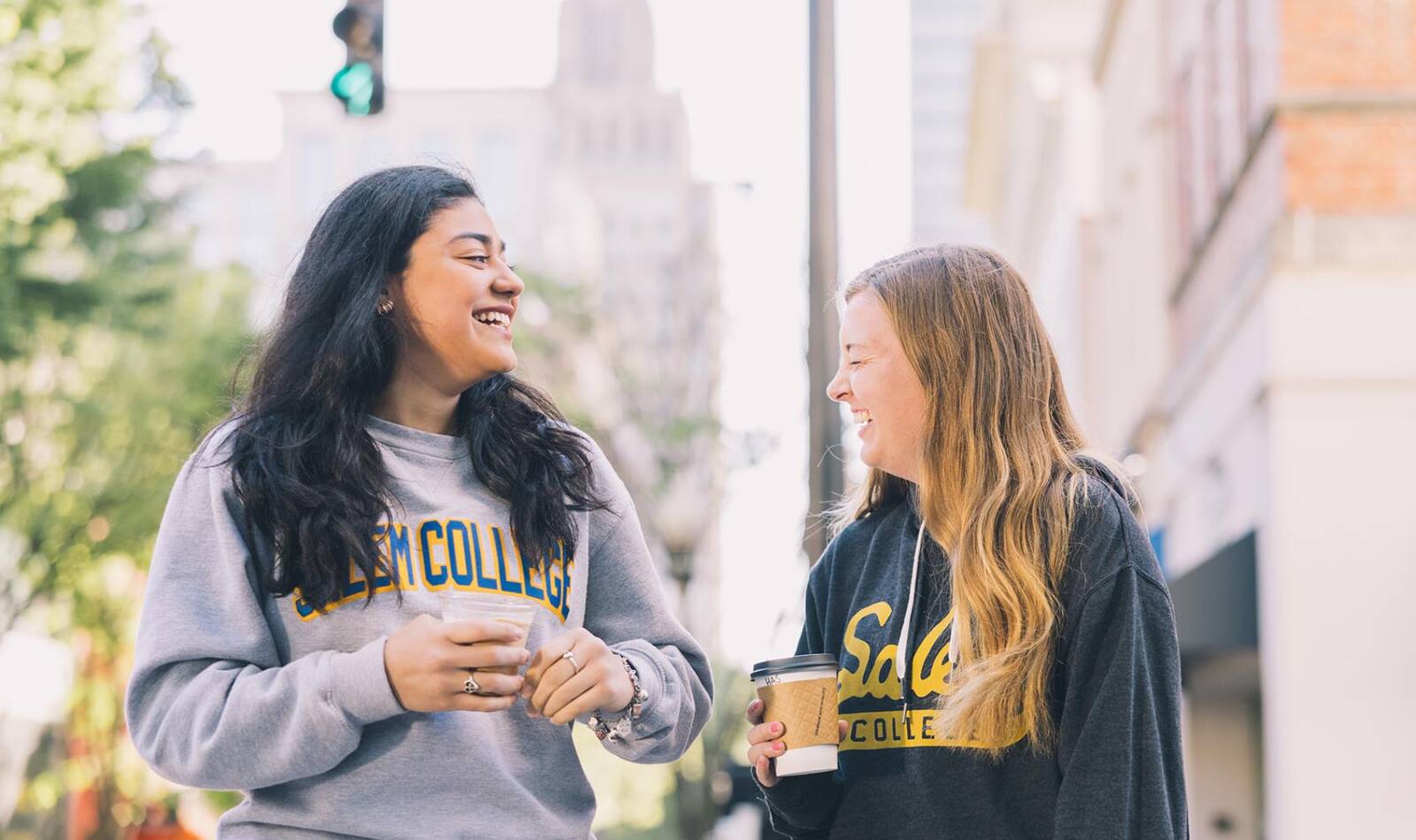 Two students from Salem College in downtown Winston Salem