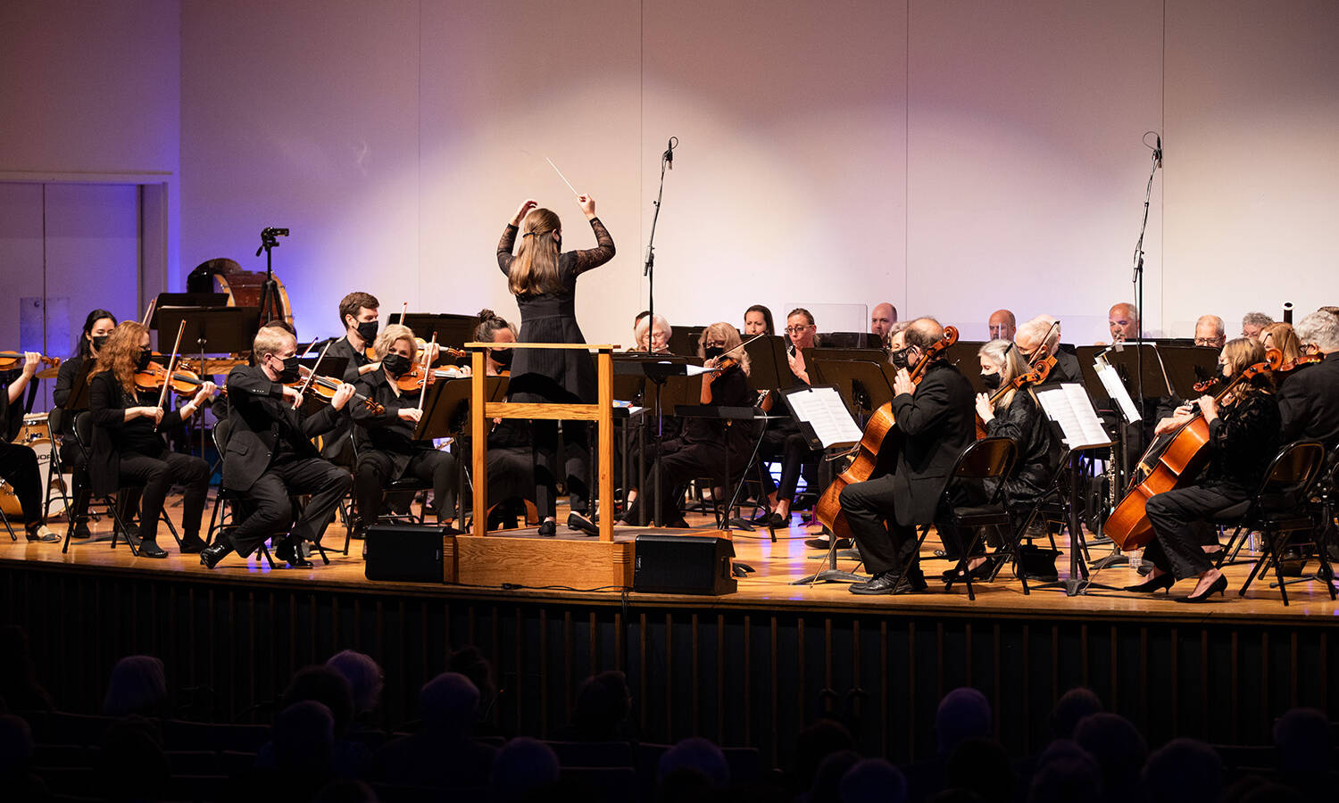 Salem College community orchestra playing while conductor leads